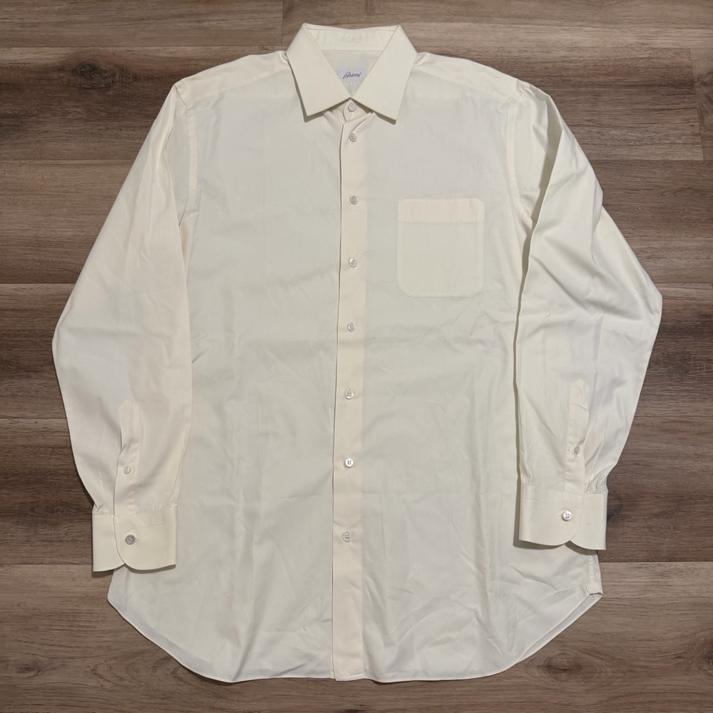 Brioni Shirt Mens 17.5 / 44 XL Ivory White Striped Button Up Dress Shirt Italy